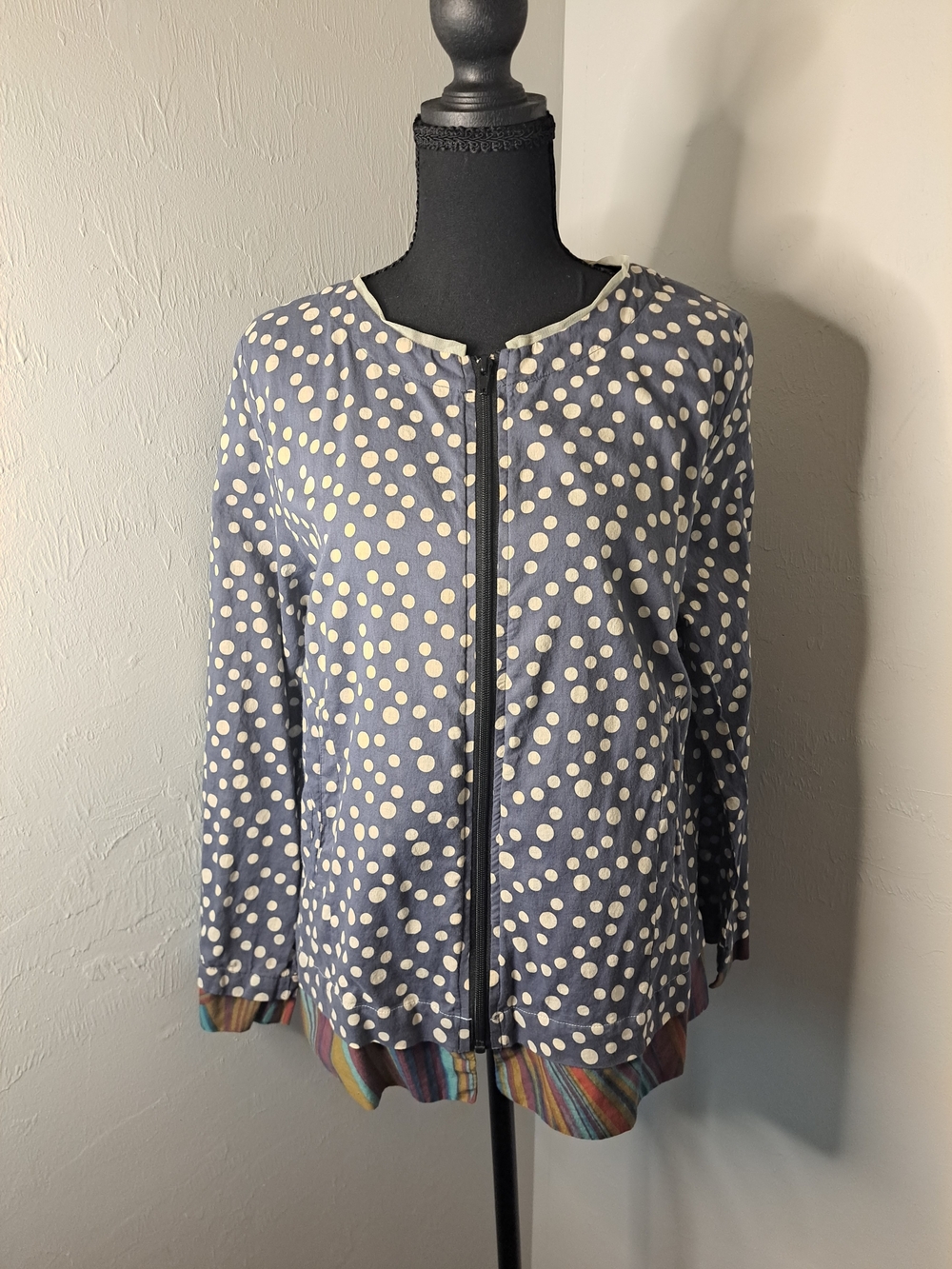 Navy Polka Dot Zip-Front Bomber Jacket